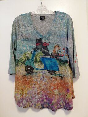 Inoah Womens V-Neck Shirt Tail Top Graphic Print Cats Multicolor Medium